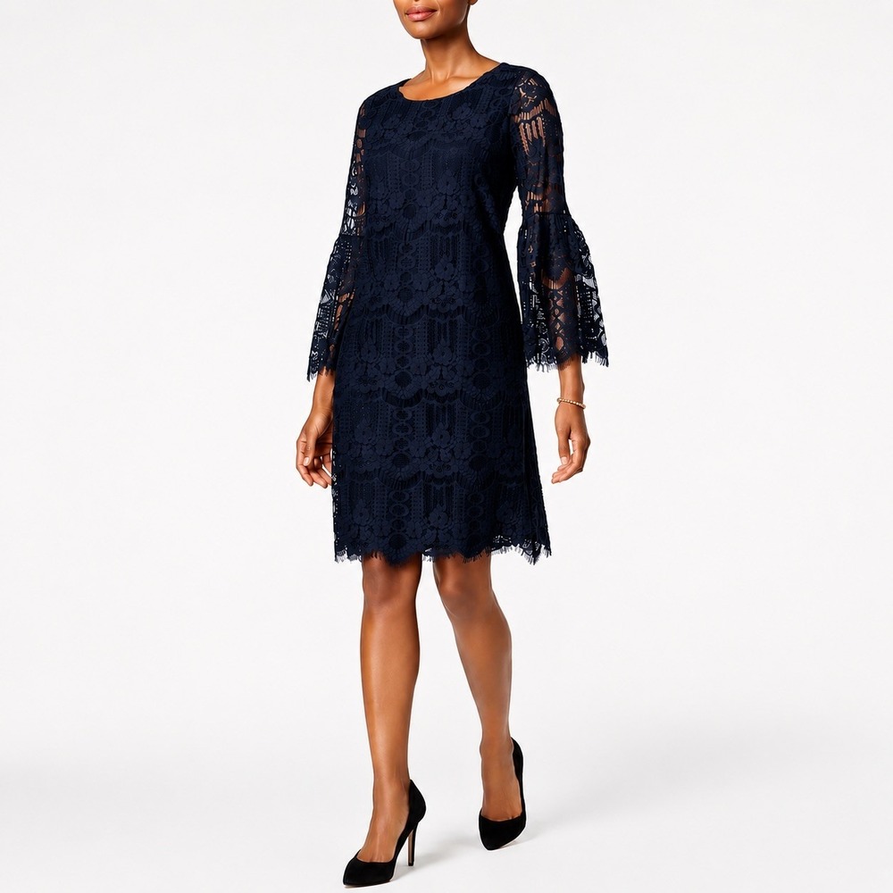 Charter Club Floral Lace Shift Dress Sheer Bell Sleeve Dark Blue Wedding Party